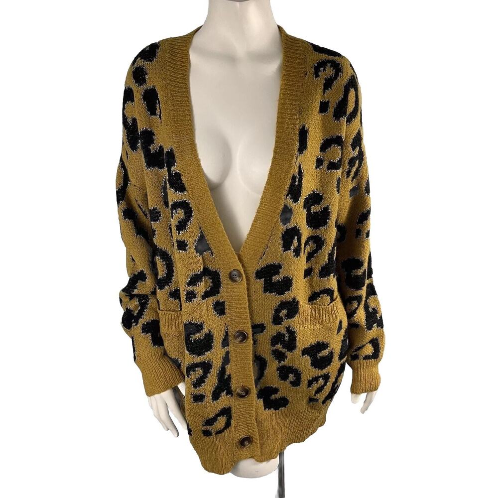 J.O.A. Leopard Print Oversized Cardigan Sweater - Small Gold Black Leopard Print